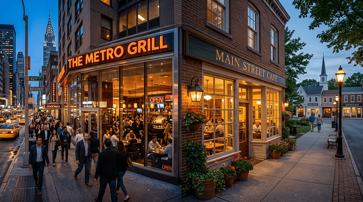 Split view of major city restaurant versus small town restaurant showing geographic pricing differences in food photography costs