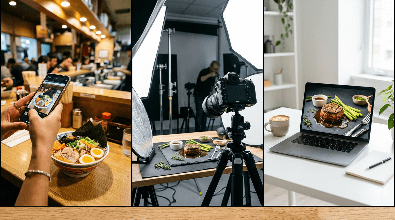 Three restaurant photography approaches compared: DIY smartphone, professional studio setup, and AI-enhanced food photography on laptop