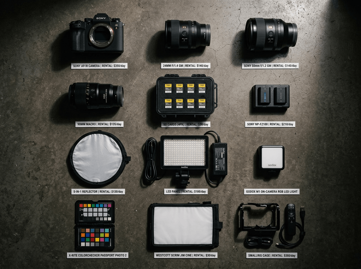 Professional food photography equipment flat-lay showing cameras, lenses, lights, and accessories that contribute to restaurant photography pricing