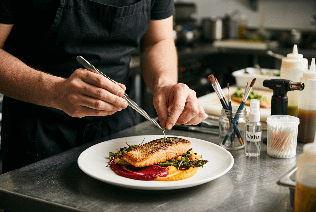 Food stylist using tweezers to place garnish on plated salmon showing the precision work behind professional restaurant photography costs