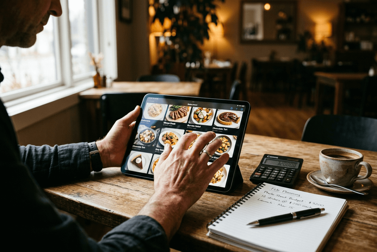 Restaurant owner reviewing food photography portfolio on tablet with calculator nearby planning photography budget and pricing decisions