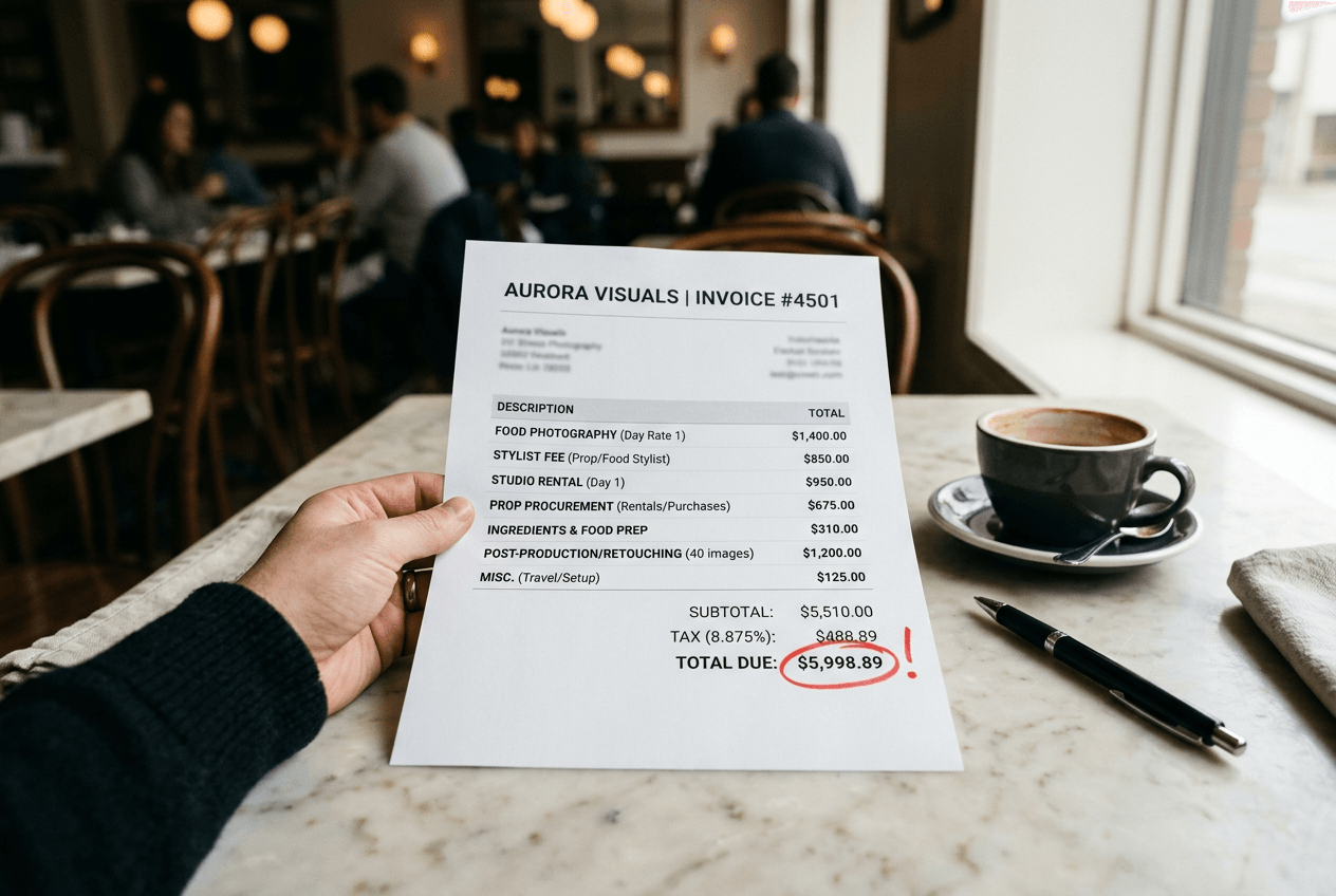 Restaurant photography invoice showing itemized hidden costs including stylist, studio rental, and retouching fees on marble table