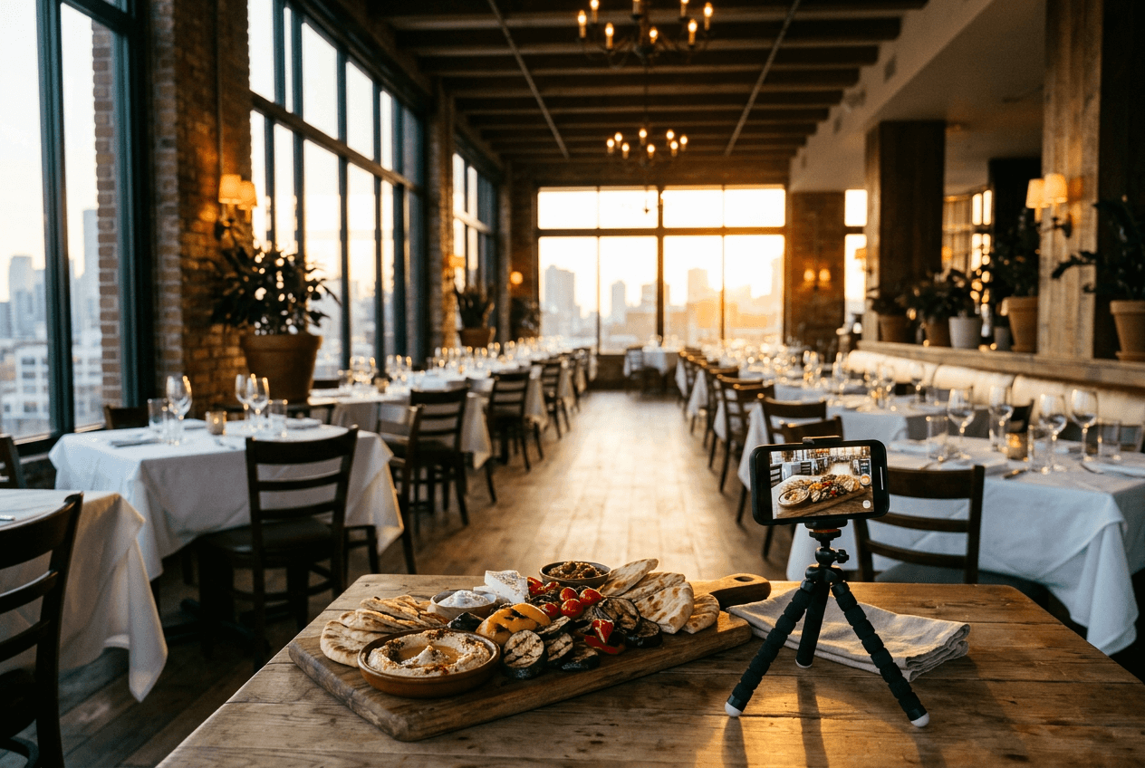 Smartphone on tripod photographing Mediterranean dish in elegant restaurant at golden hour showing accessible food photography approach