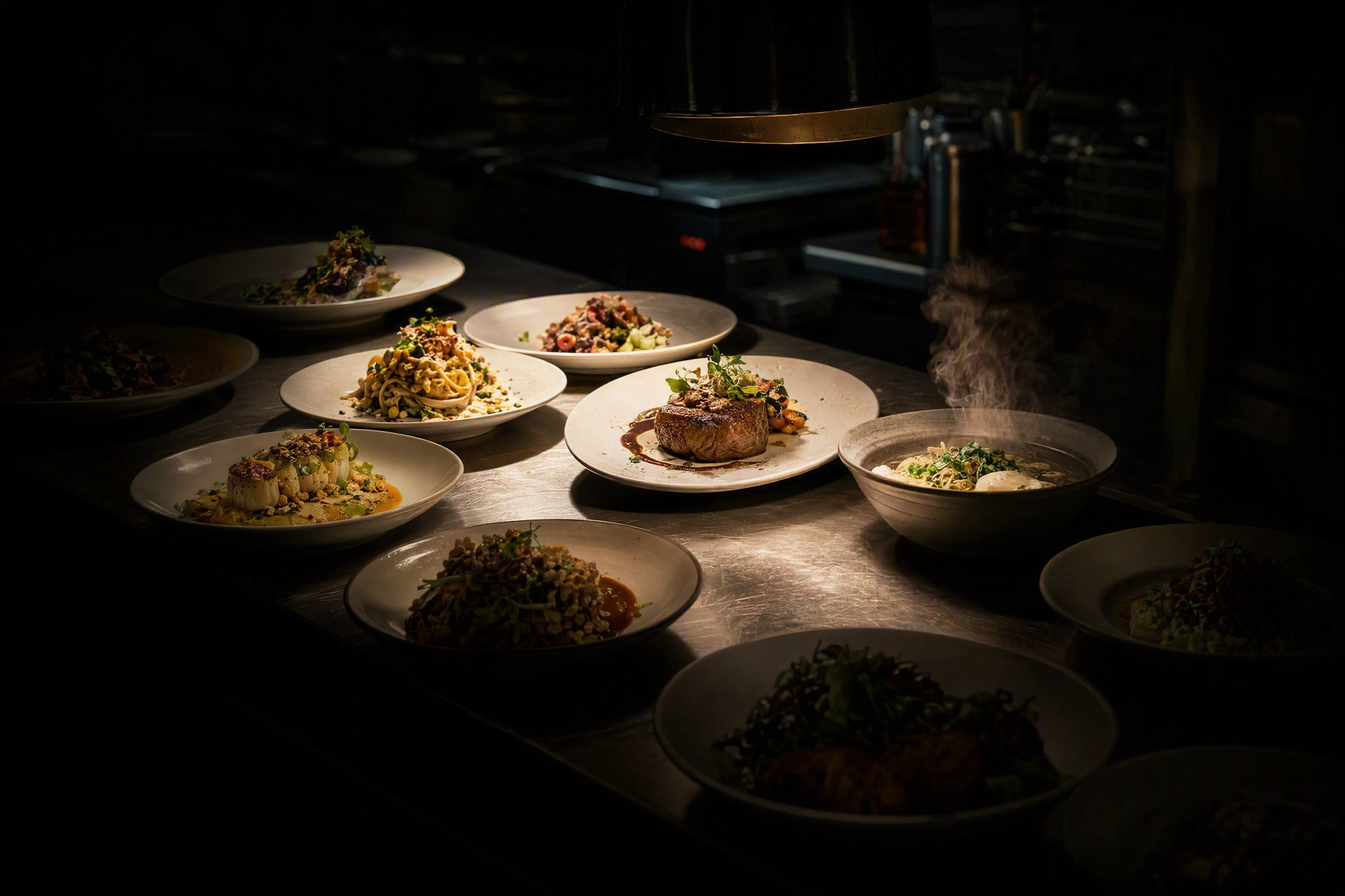 Six plated dishes lit on a restaurant pass while others sit in shadow, choosing hero dishes for a shoot