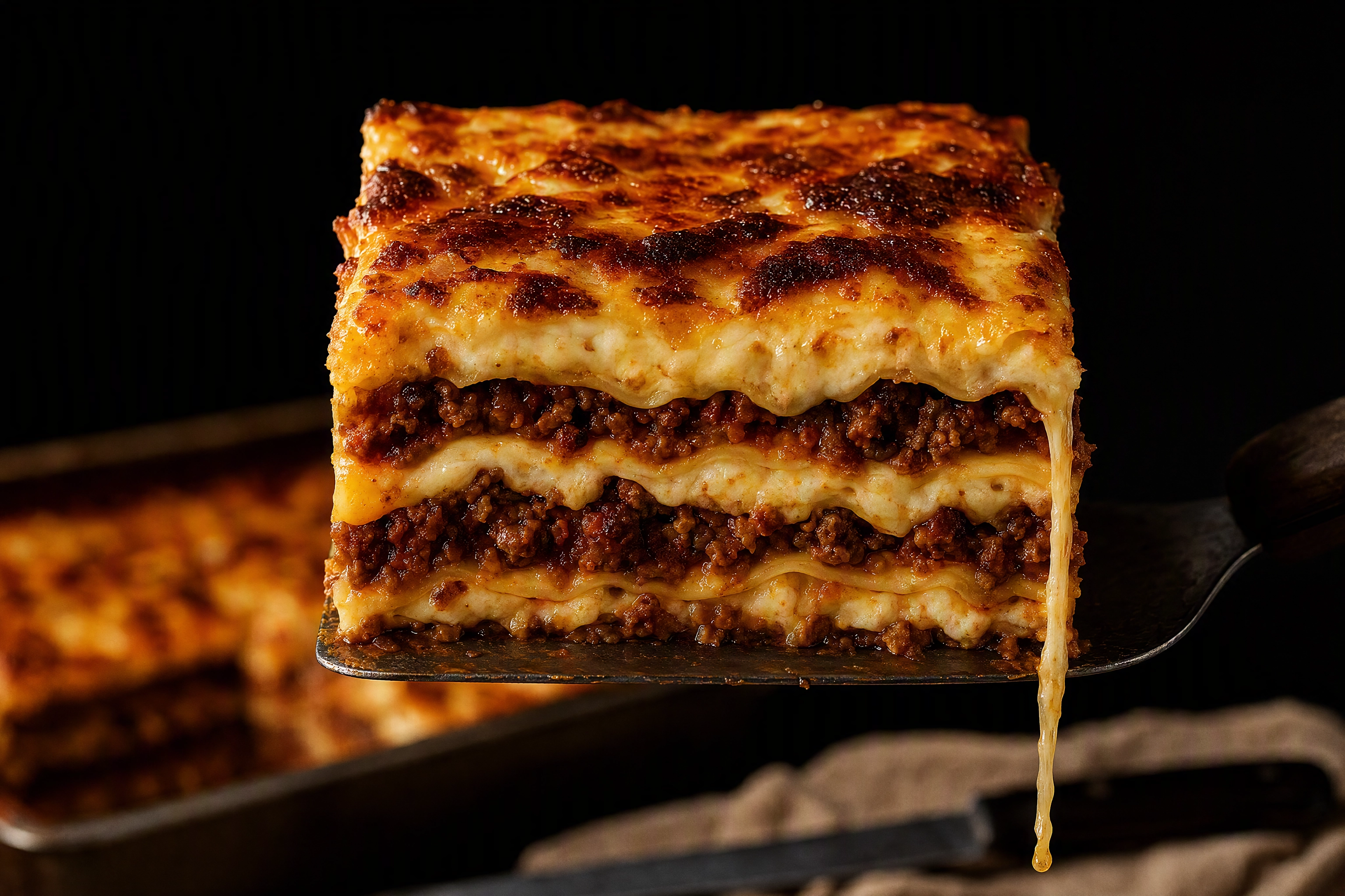 Upright lasagne cross-section showing every layer, the cut shot every restaurant photoshoot needs