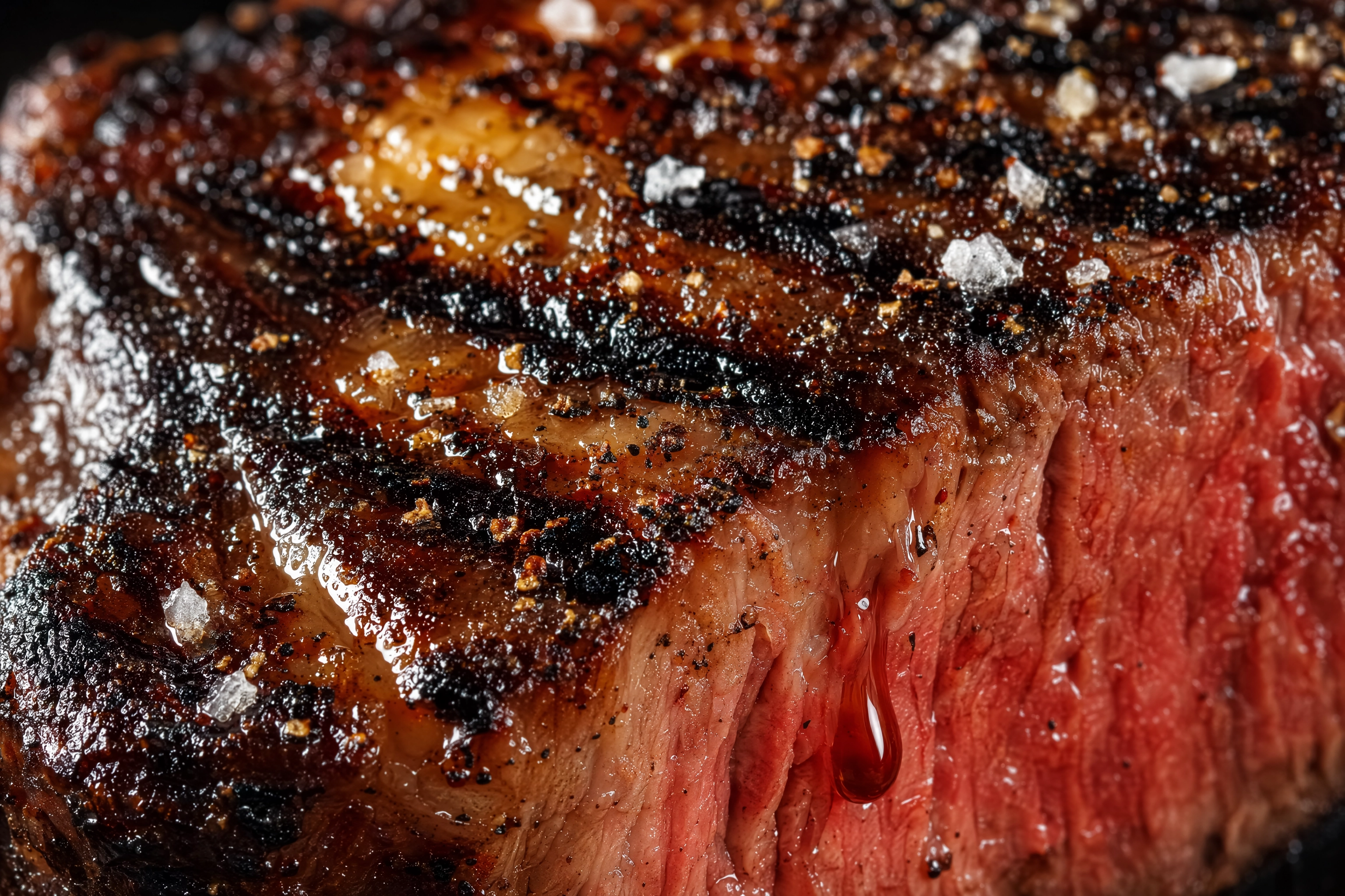Macro of charred grill marks and glossy fat on a sliced rib-eye, the texture frames of a restaurant photoshoot