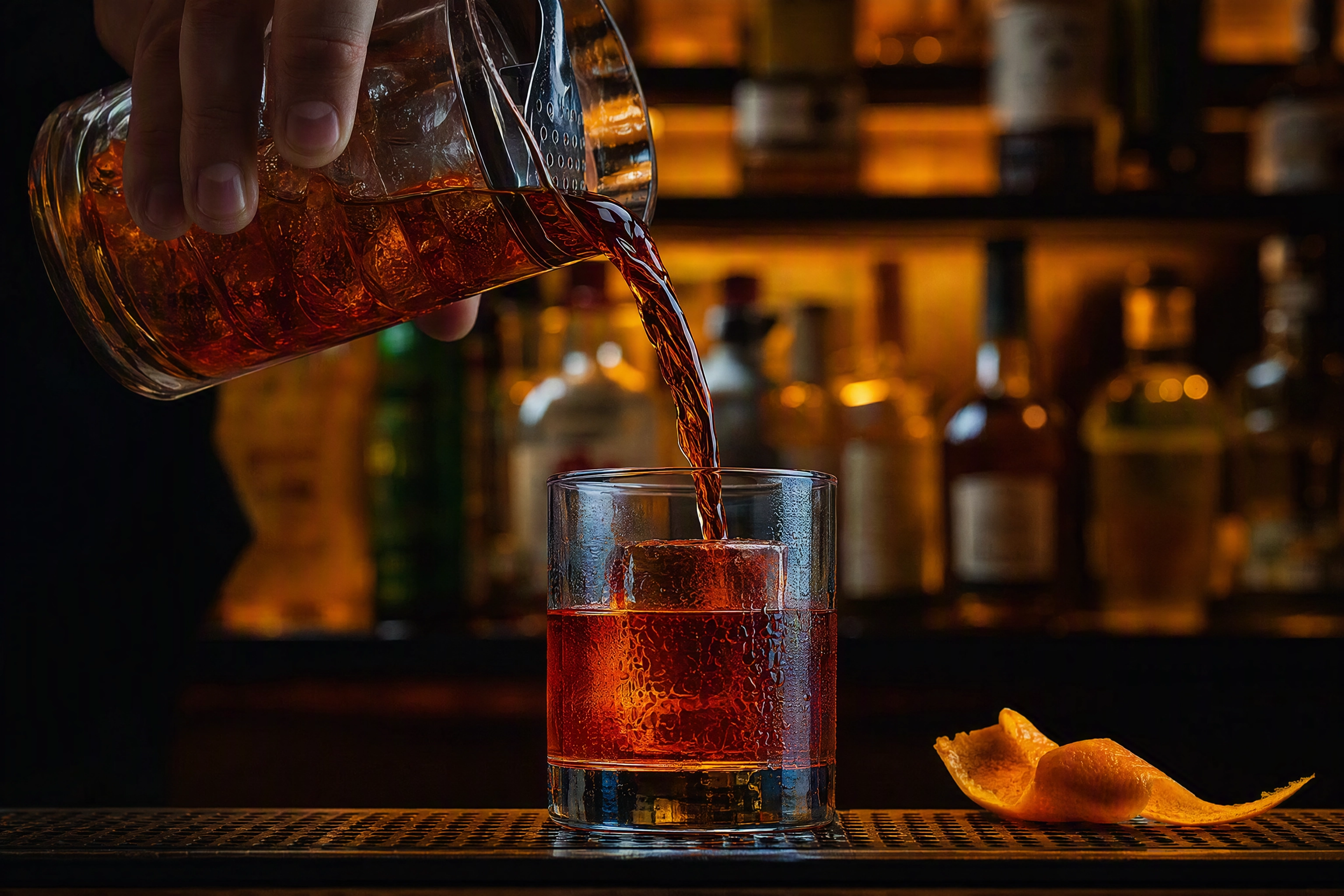 Negroni poured over clear ice with condensation at a dark bar, the drinks block of a restaurant photoshoot