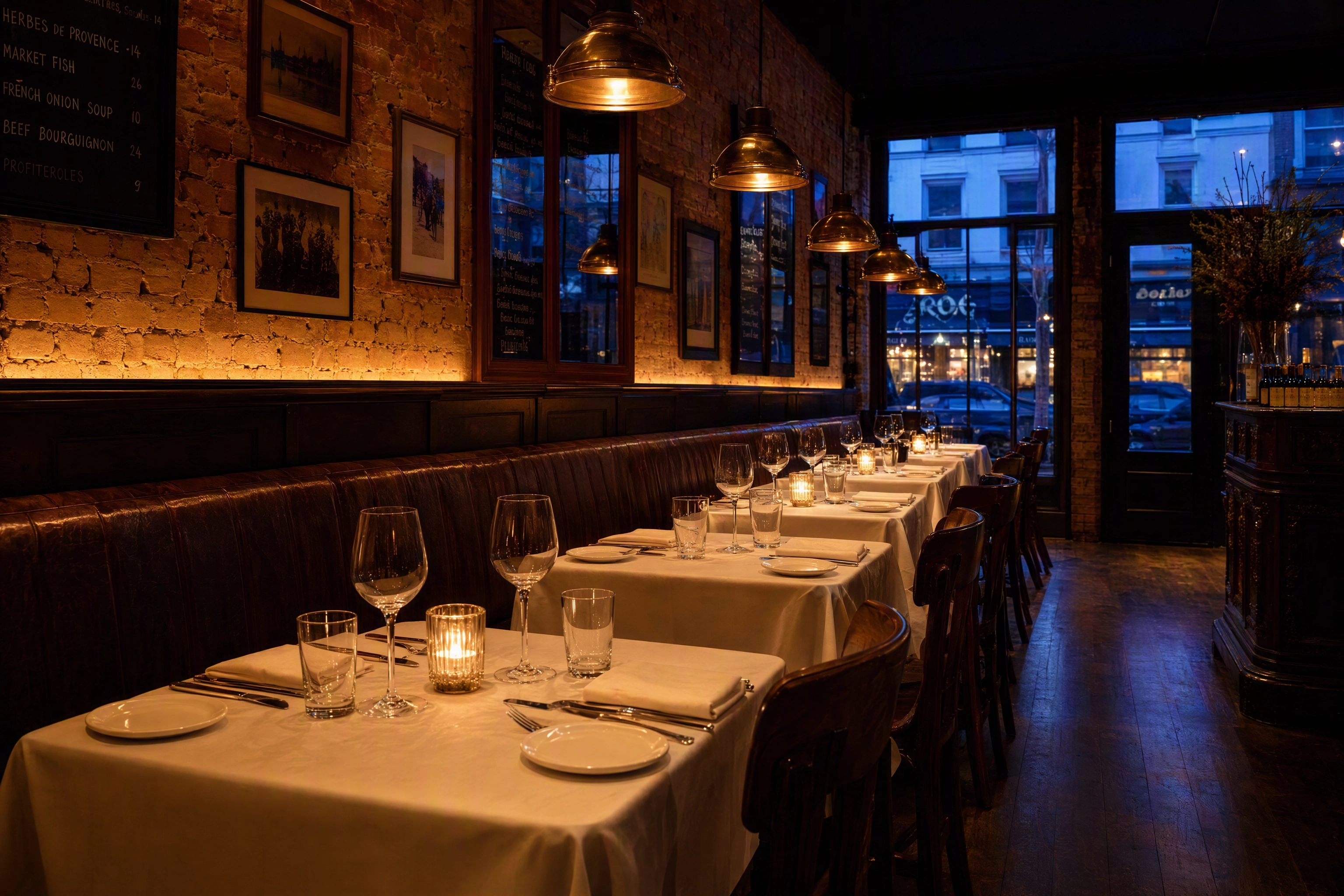 Empty bistro dining room set and lit at dusk, the interior ambience block of a restaurant photoshoot