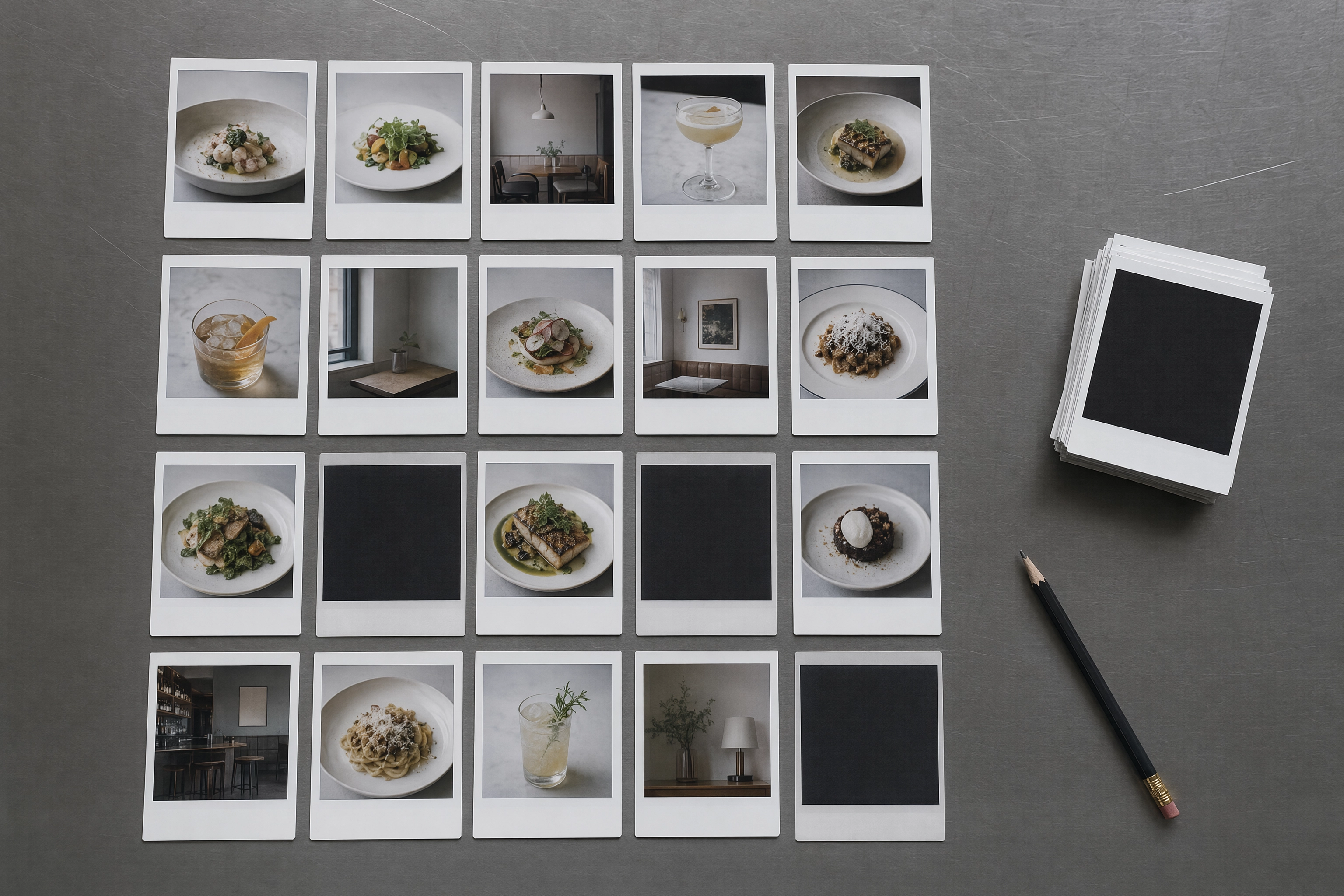 Instant-film prints of dishes laid out in shooting order like a restaurant photoshoot shot list