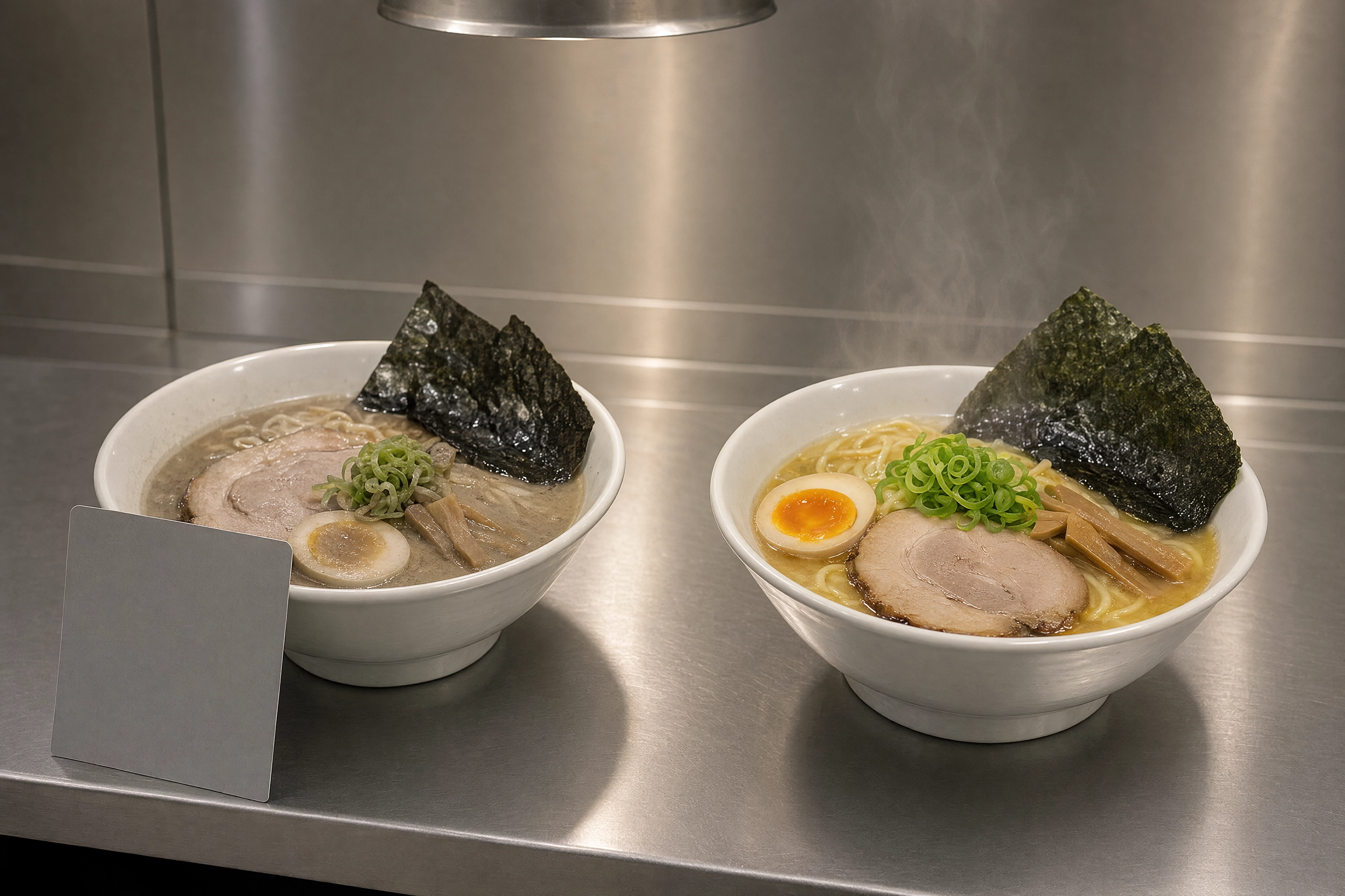 A dulled stand-in bowl of ramen beside a fresh hero bowl, the two-of-everything rule for restaurant photoshoots