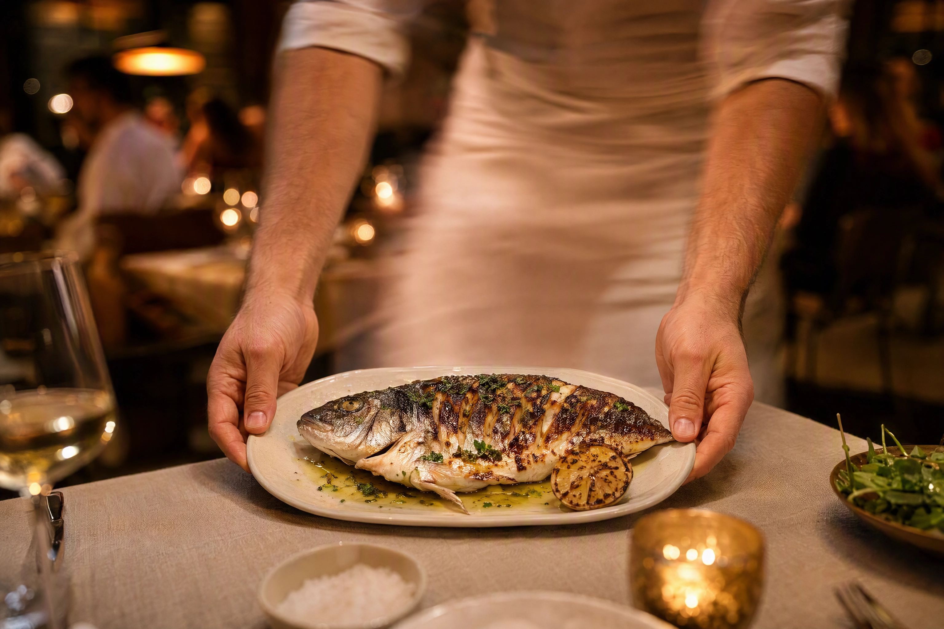 Server's hands setting down a plate mid-service with motion blur, the front-of-house frames in a restaurant photoshoot