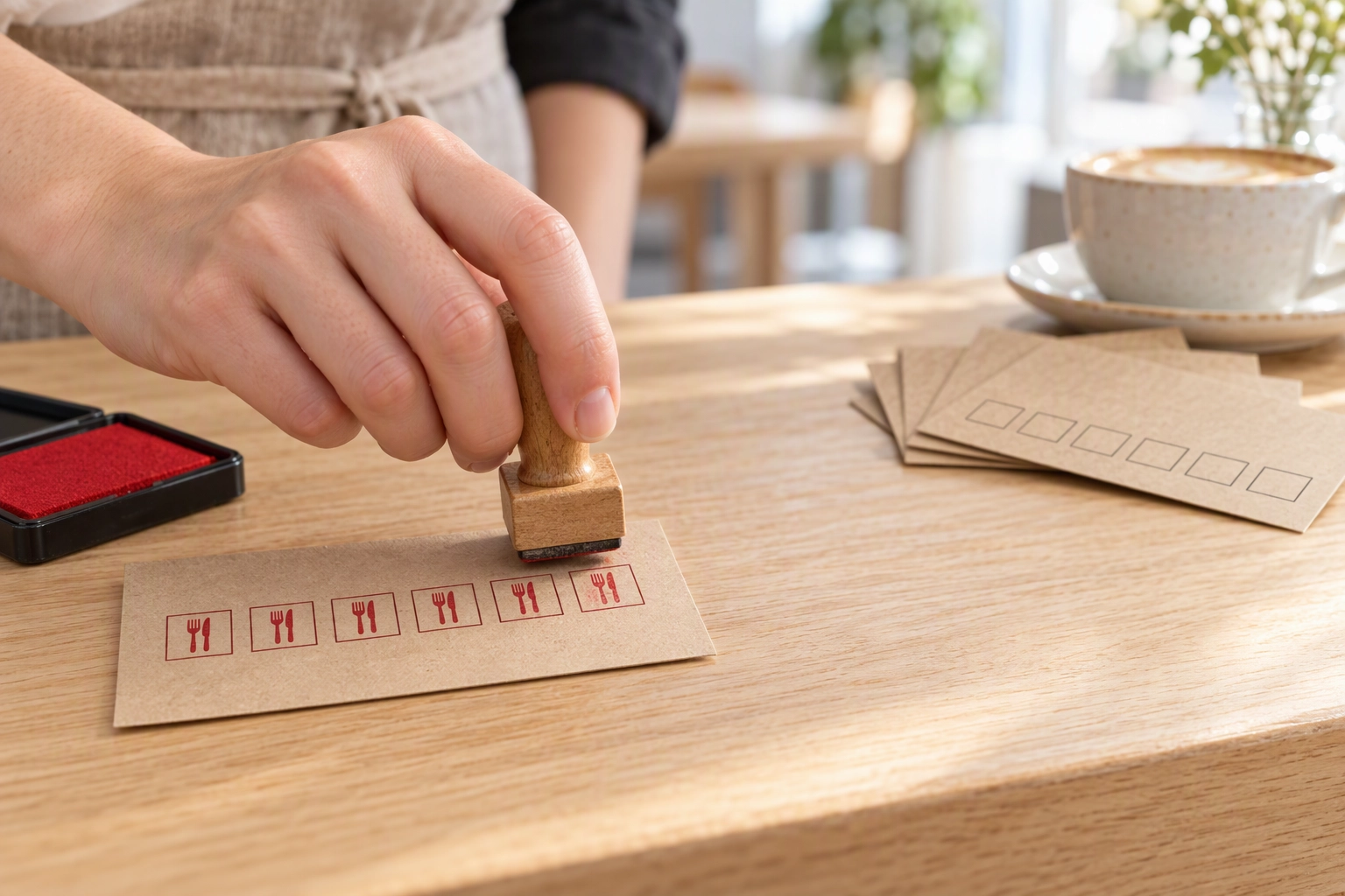 Server stamping a kraft loyalty punch card with a fork-and-knife rubber stamp, five of six boxes inked, a loyalty reward promotion that spreads one free entree across paid visits