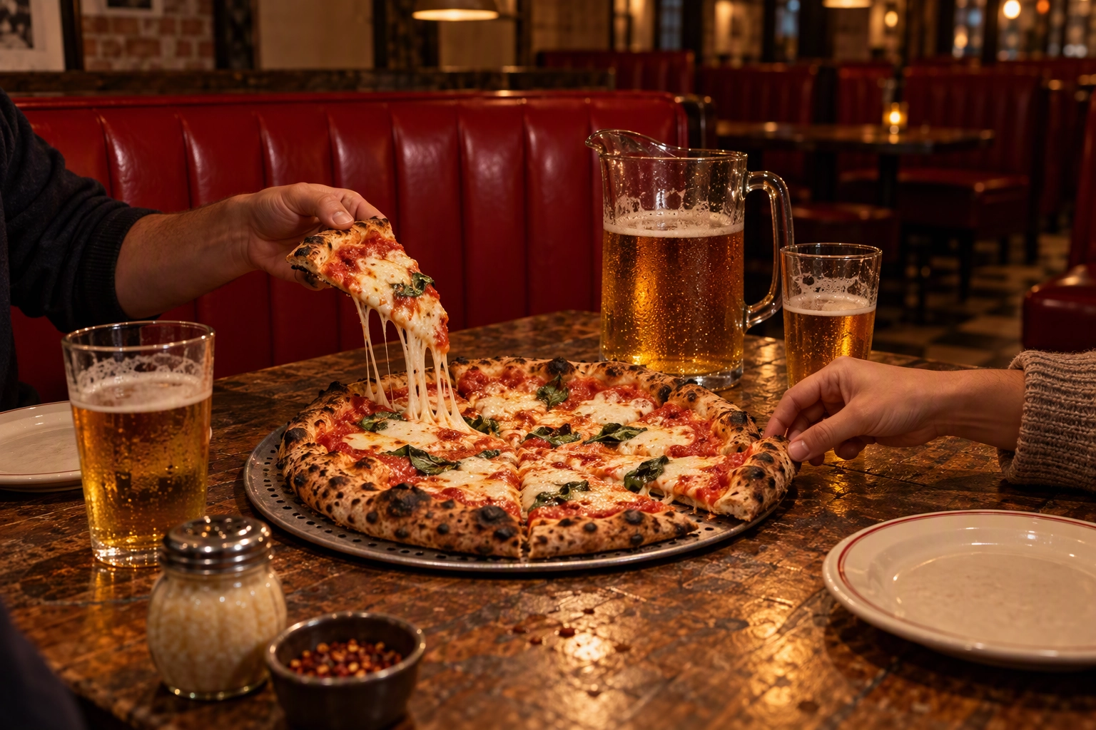 Pizza and pitcher for two on a pizzeria booth table, a weeknight bundle promotion that lifts drink attach on a slow Wednesday