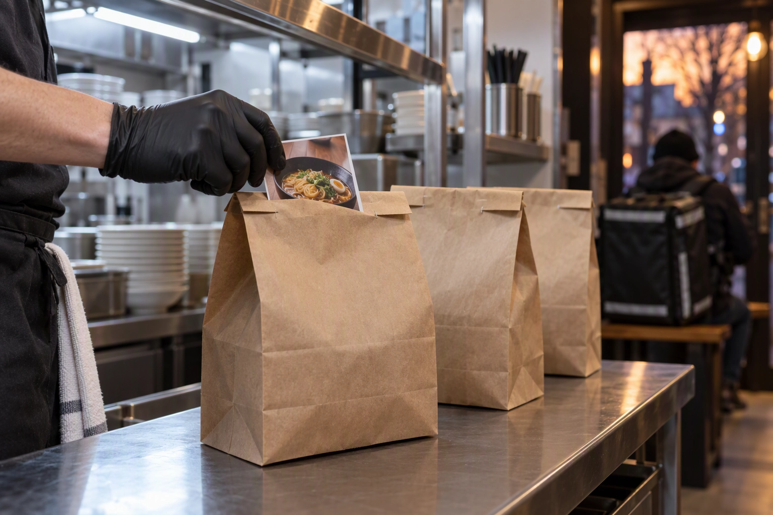 Cook slipping a bag-stuffer card with a dish photo into a sealed takeout bag on a pickup shelf, a direct-order promotion that moves guests off delivery apps