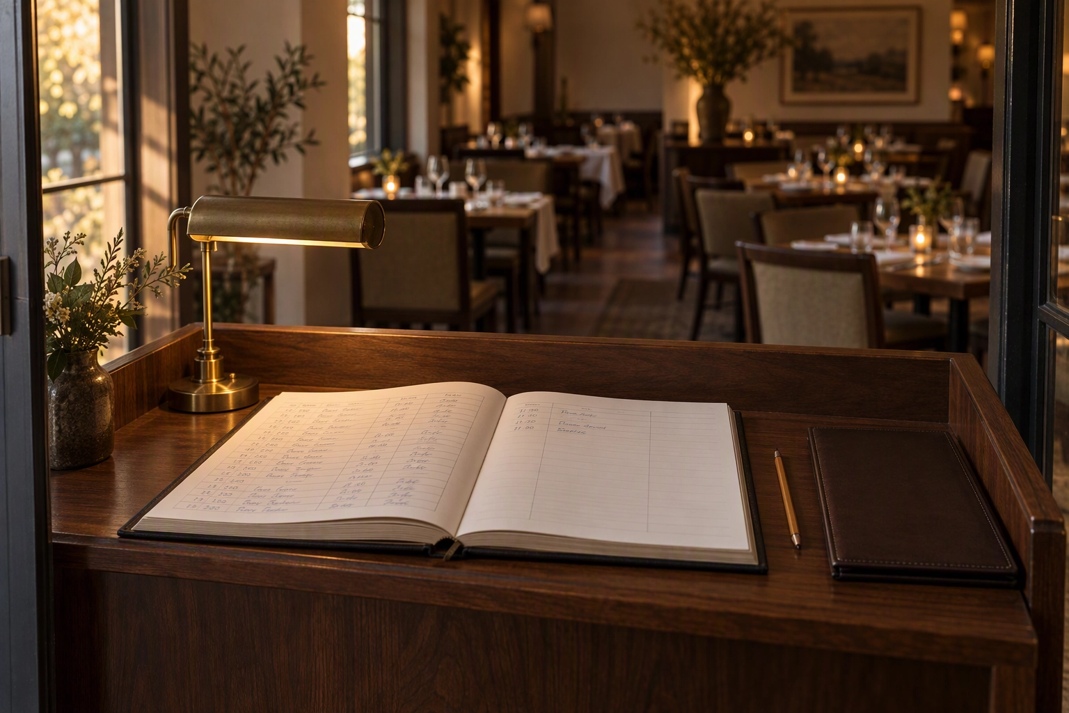 Restaurant host stand with a reservation book open to a sparse Tuesday page, the six-week baseline a promotion break-even worksheet starts from