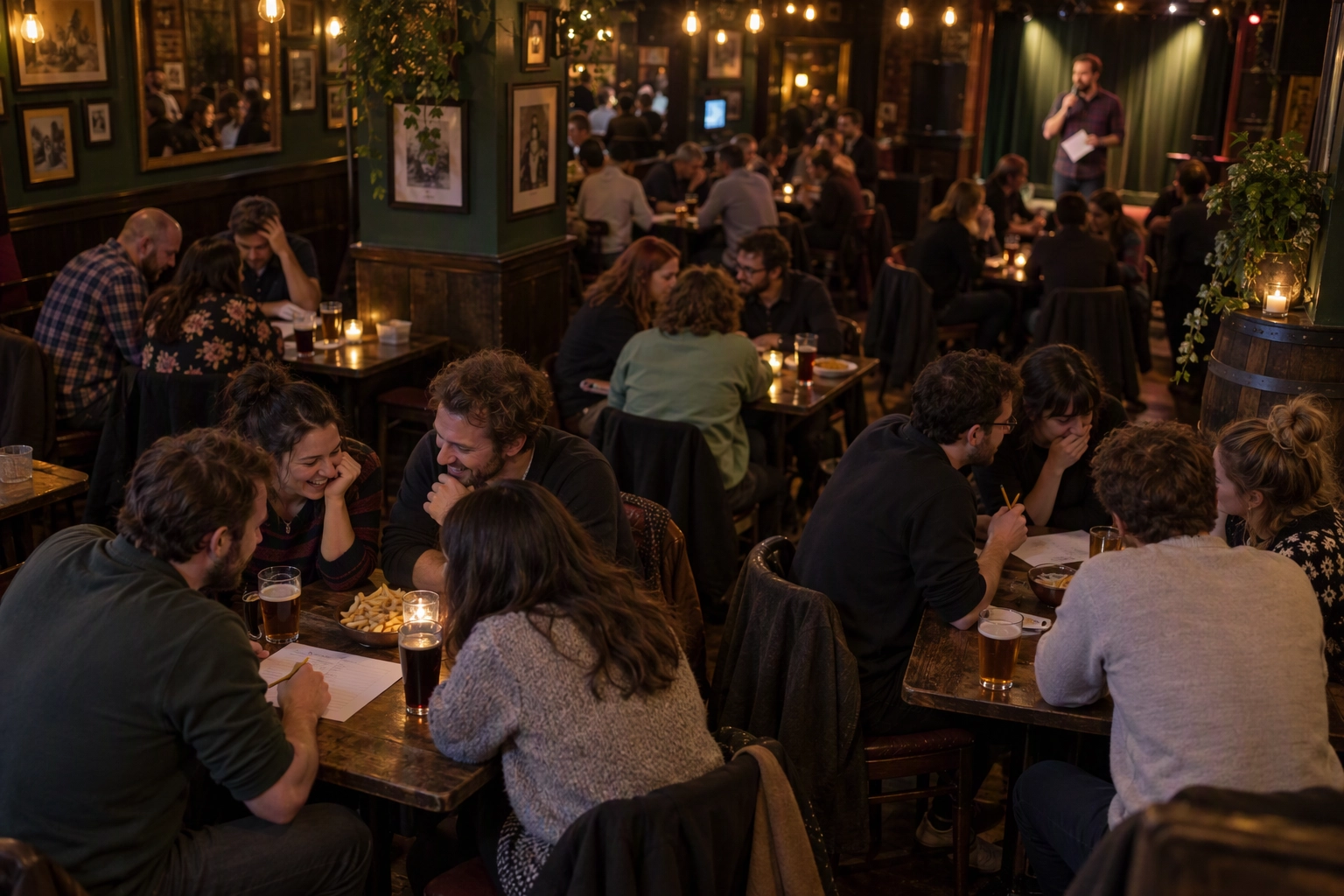 Teams huddled over answer sheets at a Wednesday trivia night in a pub, an event promotion with no discount whose only cost is the host