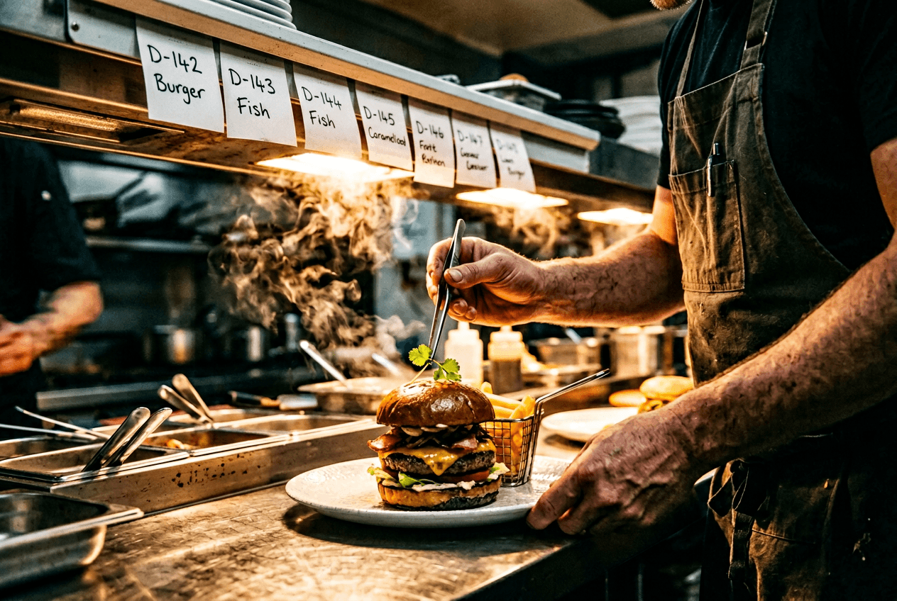 Chef plating gourmet burger at kitchen pass with dramatic backlit steam representing food photography content creation