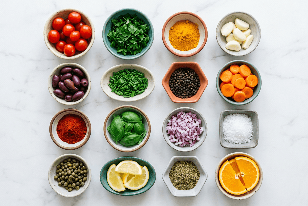 Organized mise en place ingredient bowls in grid pattern representing structured social media platform strategy for restaurants