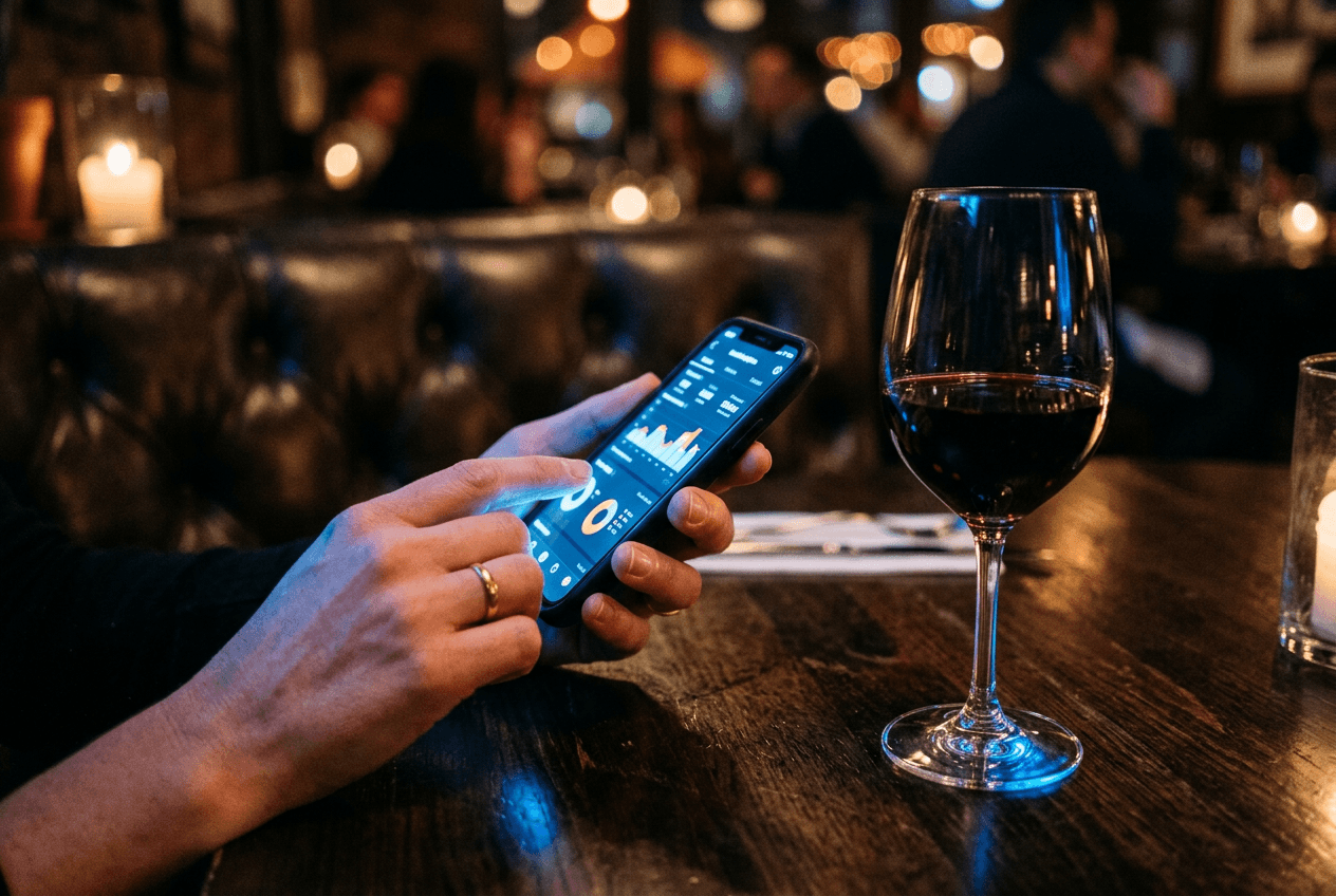Restaurant owner reviewing social media analytics on smartphone in dimly lit booth during social media audit