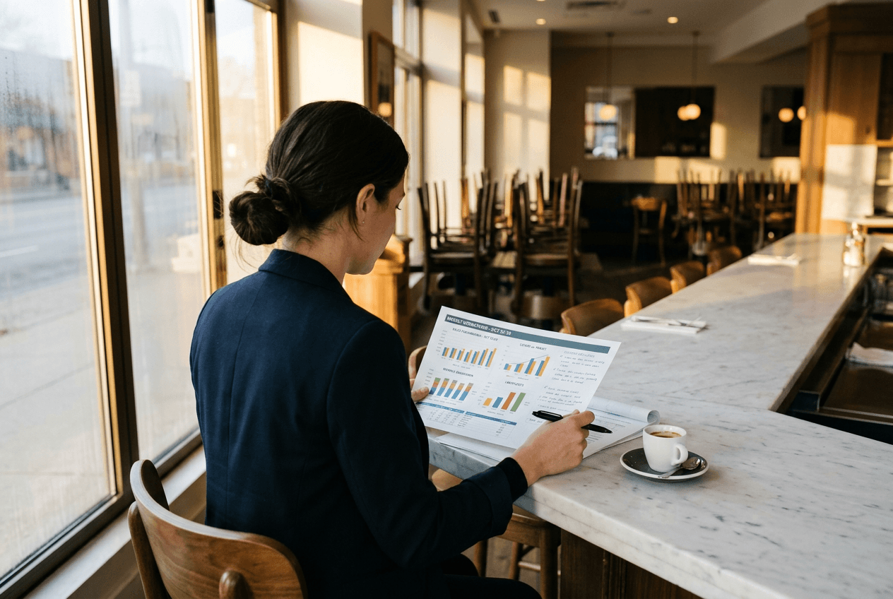 Restaurant manager reviewing social media performance metrics at cafe counter during morning strategy review