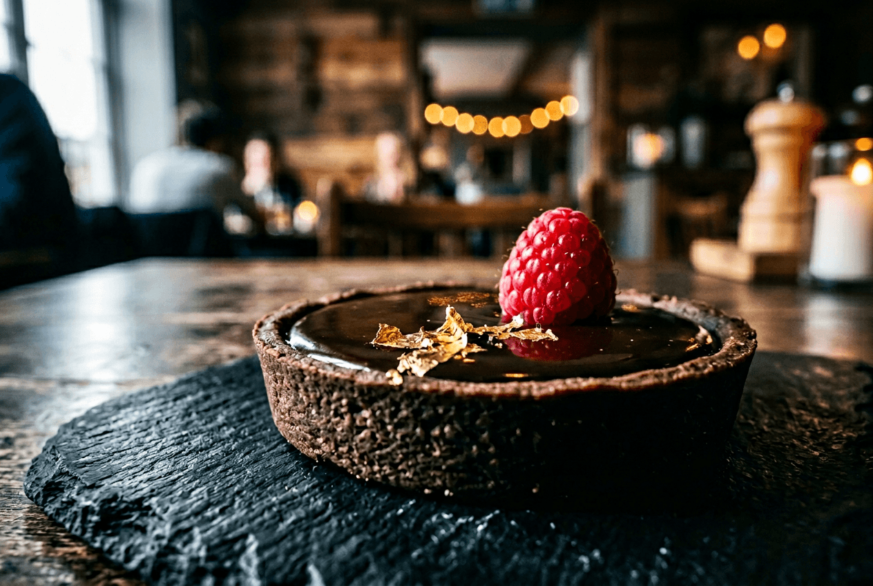 Macro close-up of chocolate tart with gold leaf showing professional food photography visual standards for restaurants