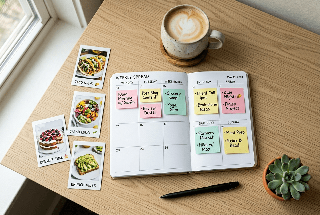 Weekly restaurant social media content calendar flat-lay with sticky notes, food polaroids, and coffee on oak desk
