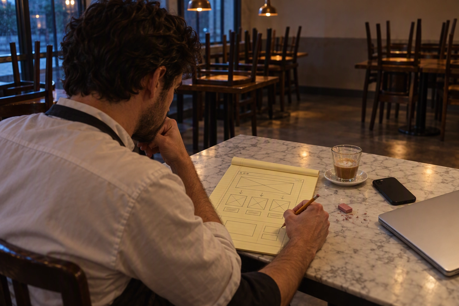 Restaurant owner sketching a DIY website layout on a legal pad after close, the hidden time cost of a website builder