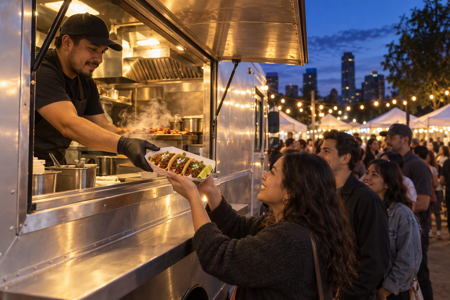 Food truck serving tacos through its window at a night market, the kind of business a free starter restaurant website suits