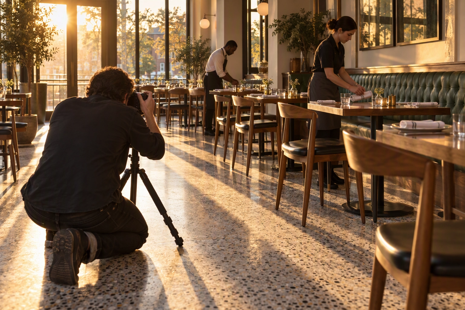 Photographer shooting an empty restaurant dining room at golden hour as servers set tables, the shot a website still needs