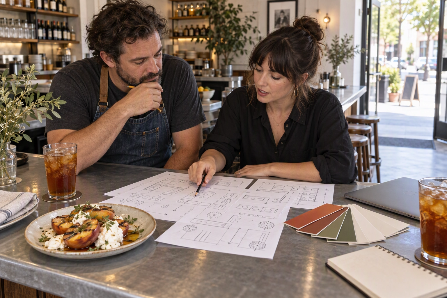 Restaurant owner and web designer reviewing paper site sketches and brand swatches at a bar before signing a website quote