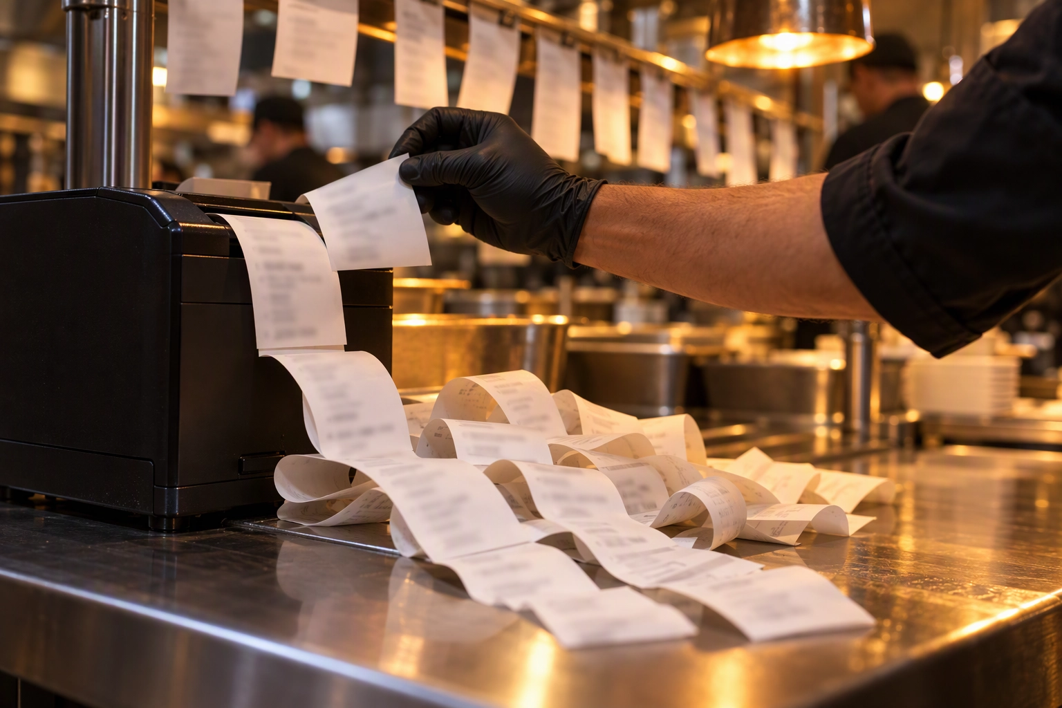 Kitchen ticket printer pushing out a long chain of online order tickets, where restaurant platform per-order fees add up