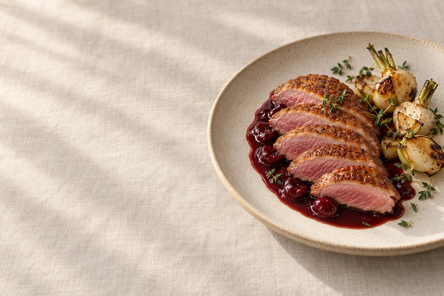 Sliced duck breast with cherry jus composed with open space for a full-width restaurant website banner photo