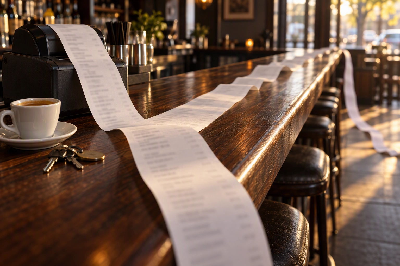 Long receipt unspooling along a walnut restaurant bar, the three-year restaurant website cost that keeps adding up after launch