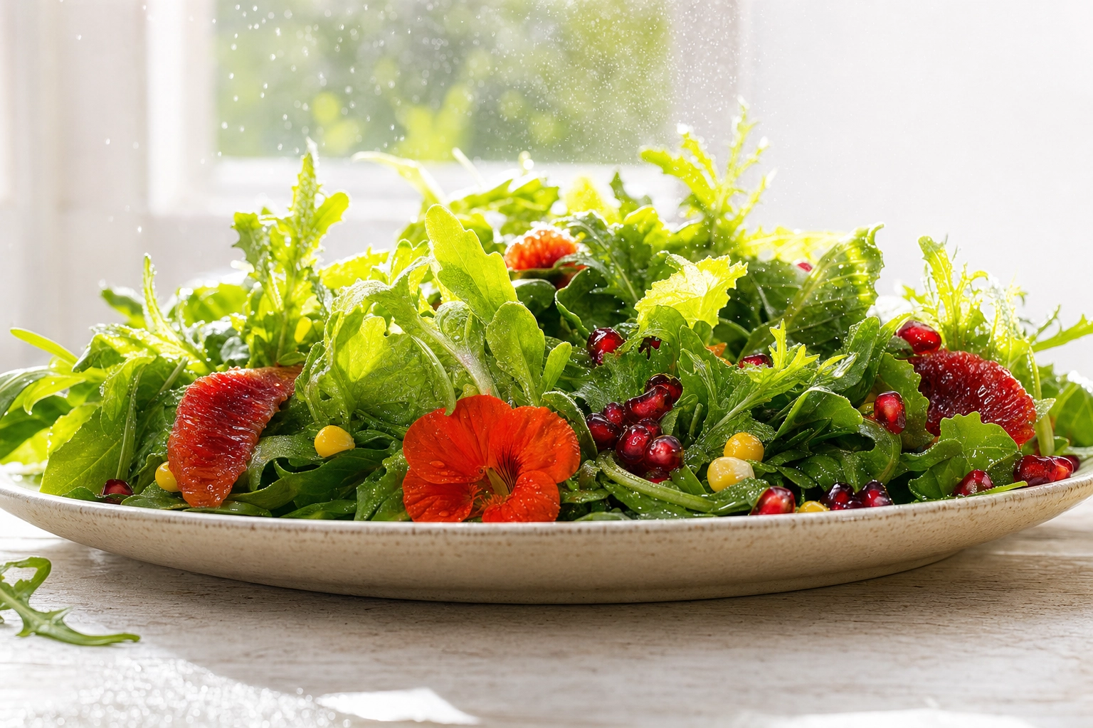 Backlit leafy salad glowing translucent by a window with blood orange, pomegranate and an edible flower for color contrast