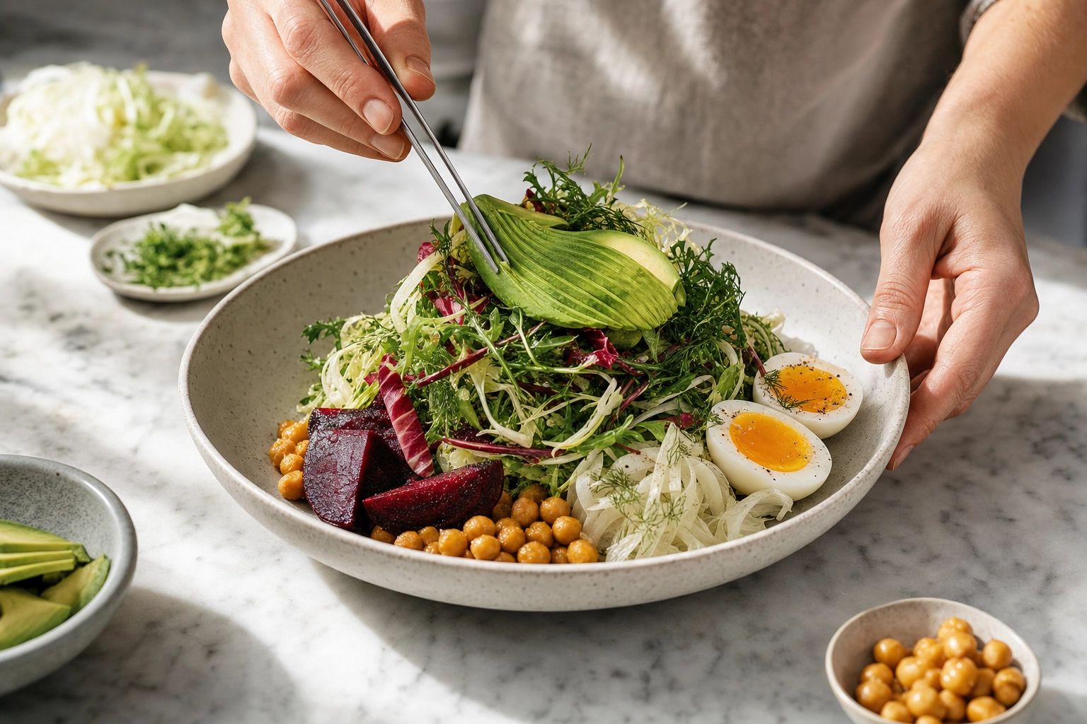 Hands using tongs to sculpt and layer a salad with height and distinct ingredient clusters in a shallow stoneware bowl