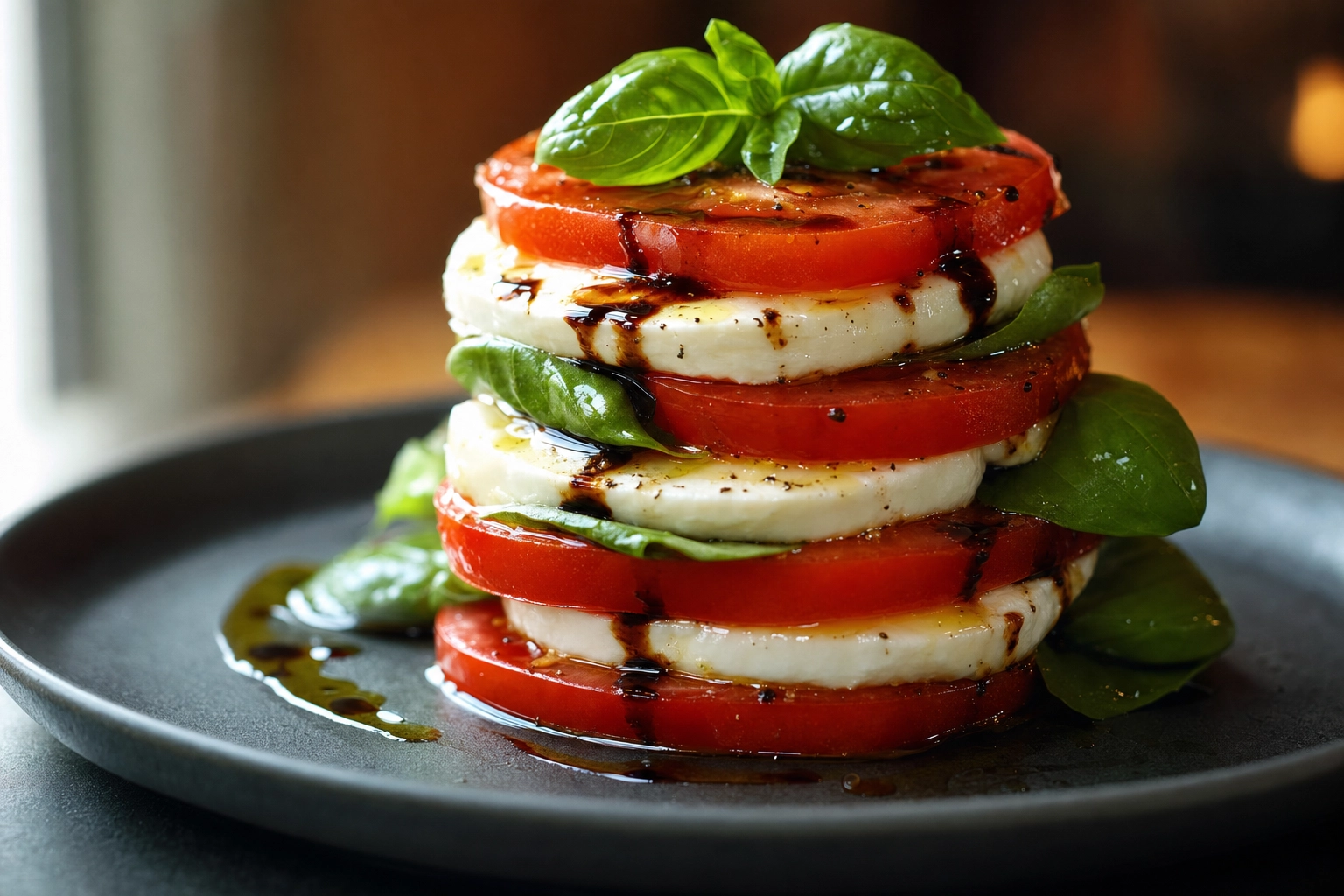 Three-quarter angle Caprese salad stacked into a leaning tower of tomato, mozzarella and basil with a balsamic drizzle