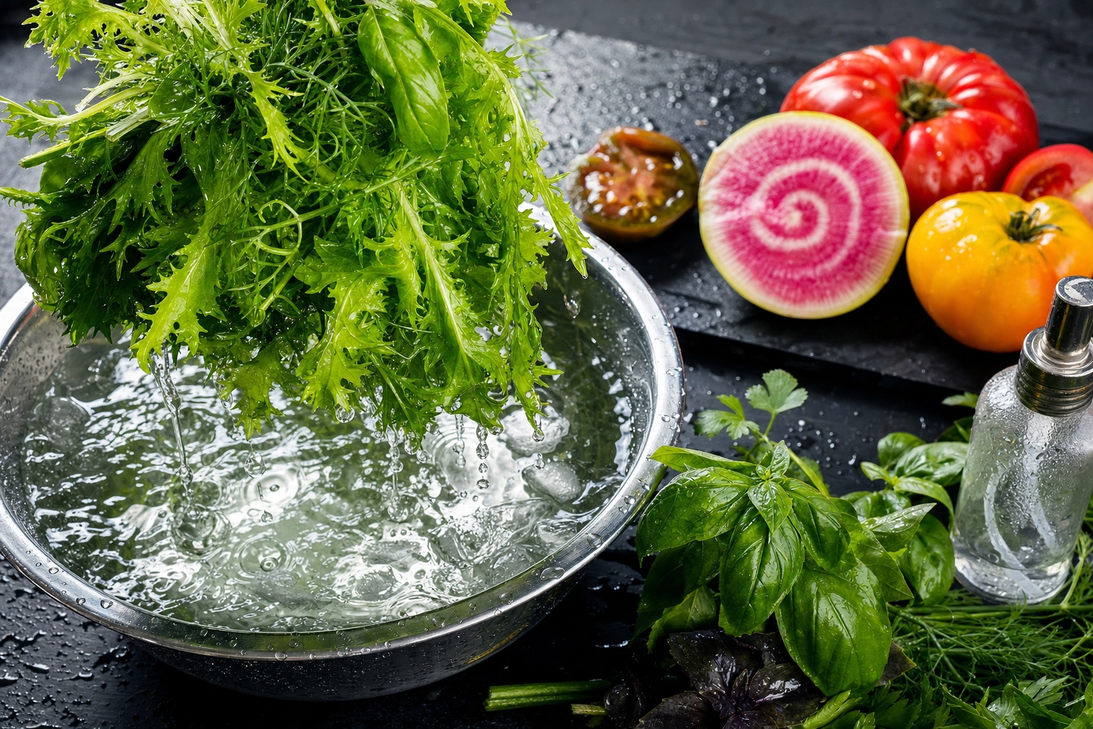 Crisp salad greens lifted dripping from ice water beside fresh heirloom tomatoes and a halved watermelon radish on slate