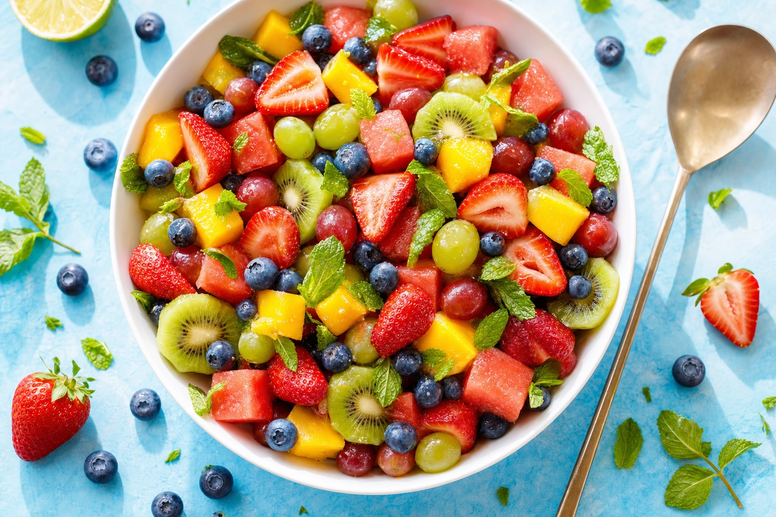 Overhead fresh summer fruit salad with strawberries, blueberries, watermelon, mango and mint in a white bowl on pastel blue