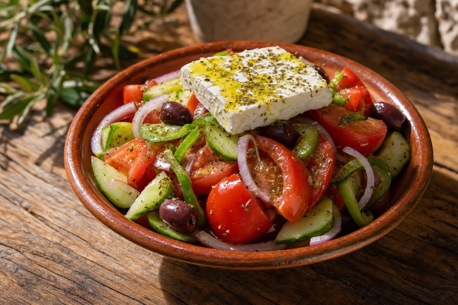 Rustic Greek salad with chunky tomato, cucumber, olives and a feta slab with oregano in a terracotta bowl at a three-quarter angle