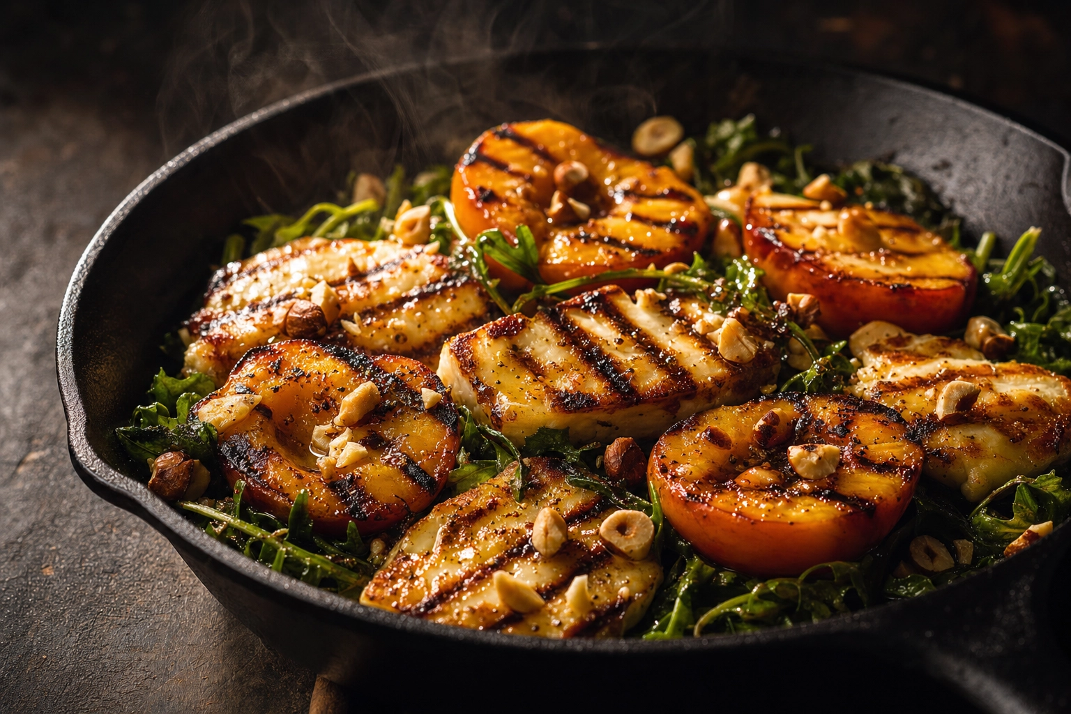 Warm grilled salad with charred peaches, grilled halloumi and arugula in a cast-iron skillet under moody side light