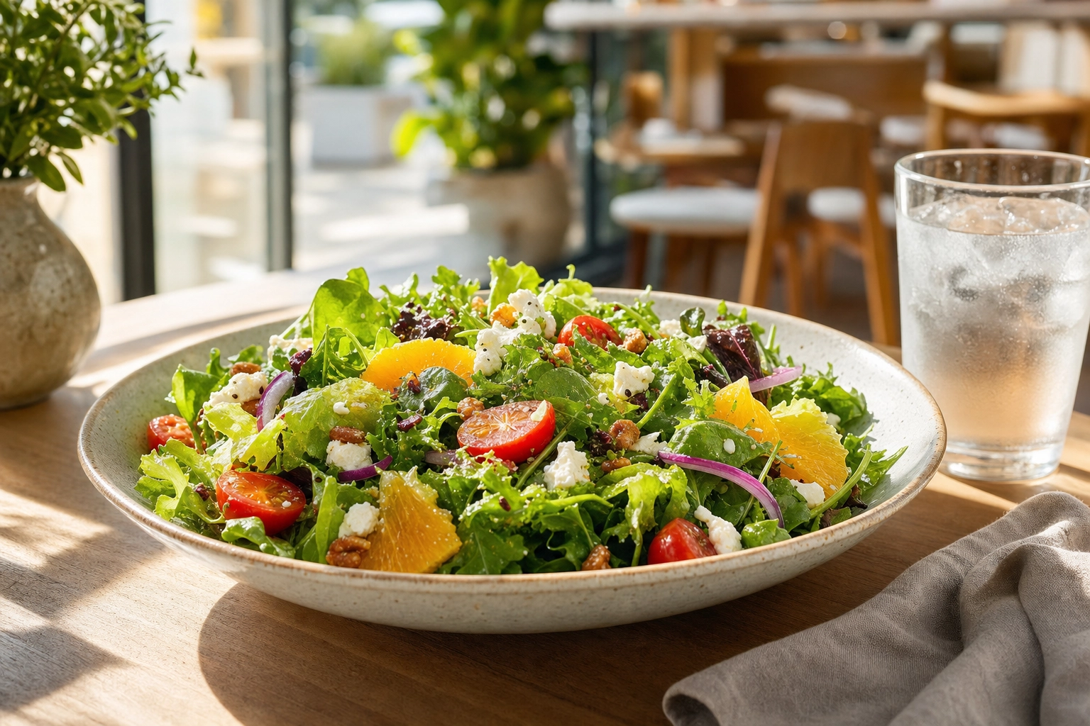 Menu-ready composed salad plated on a sunlit cafe table beside iced water, looking crisp, glossy and professionally styled