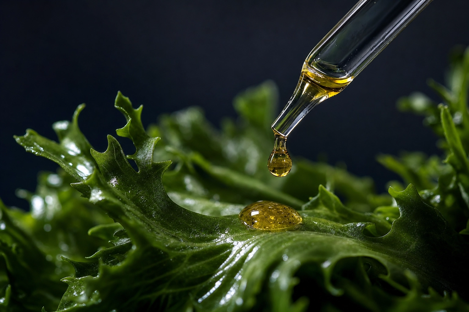 Glass pipette placing a single golden vinaigrette droplet onto a glistening green lettuce leaf in macro detail