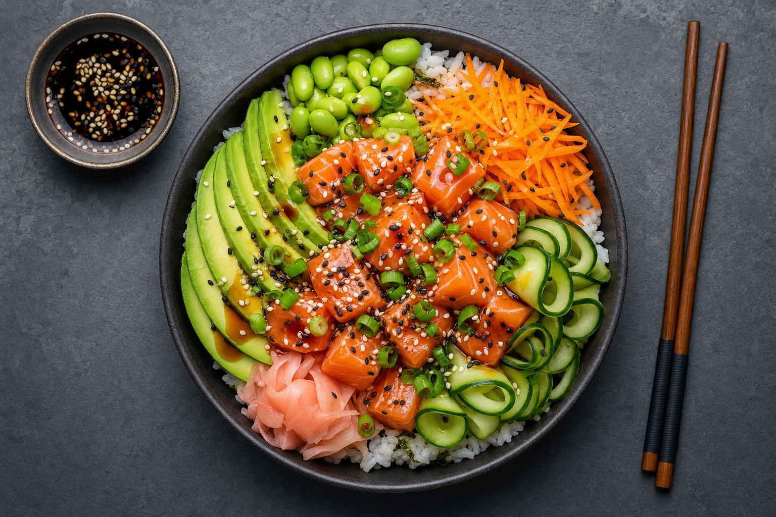 Overhead salmon poke bowl with sushi rice, avocado, edamame and sesame arranged in neat sections on a slate surface
