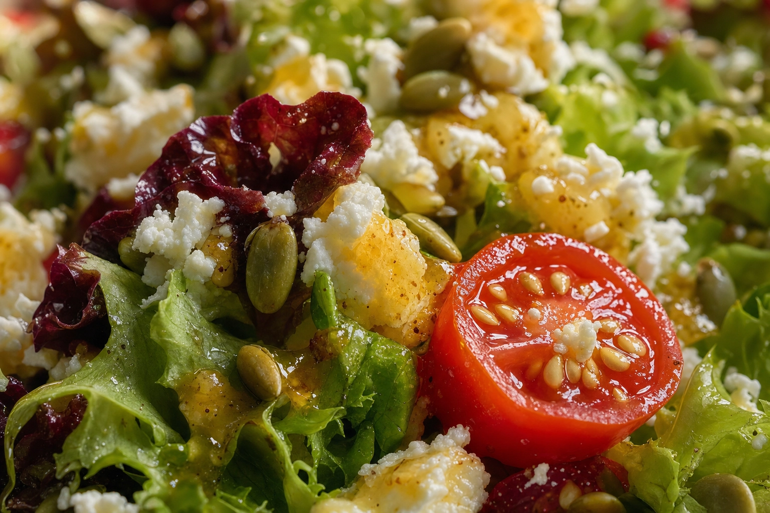 Macro close-up of crumbled feta and golden dressing over frilly greens with a halved cherry tomato and toasted pumpkin seeds