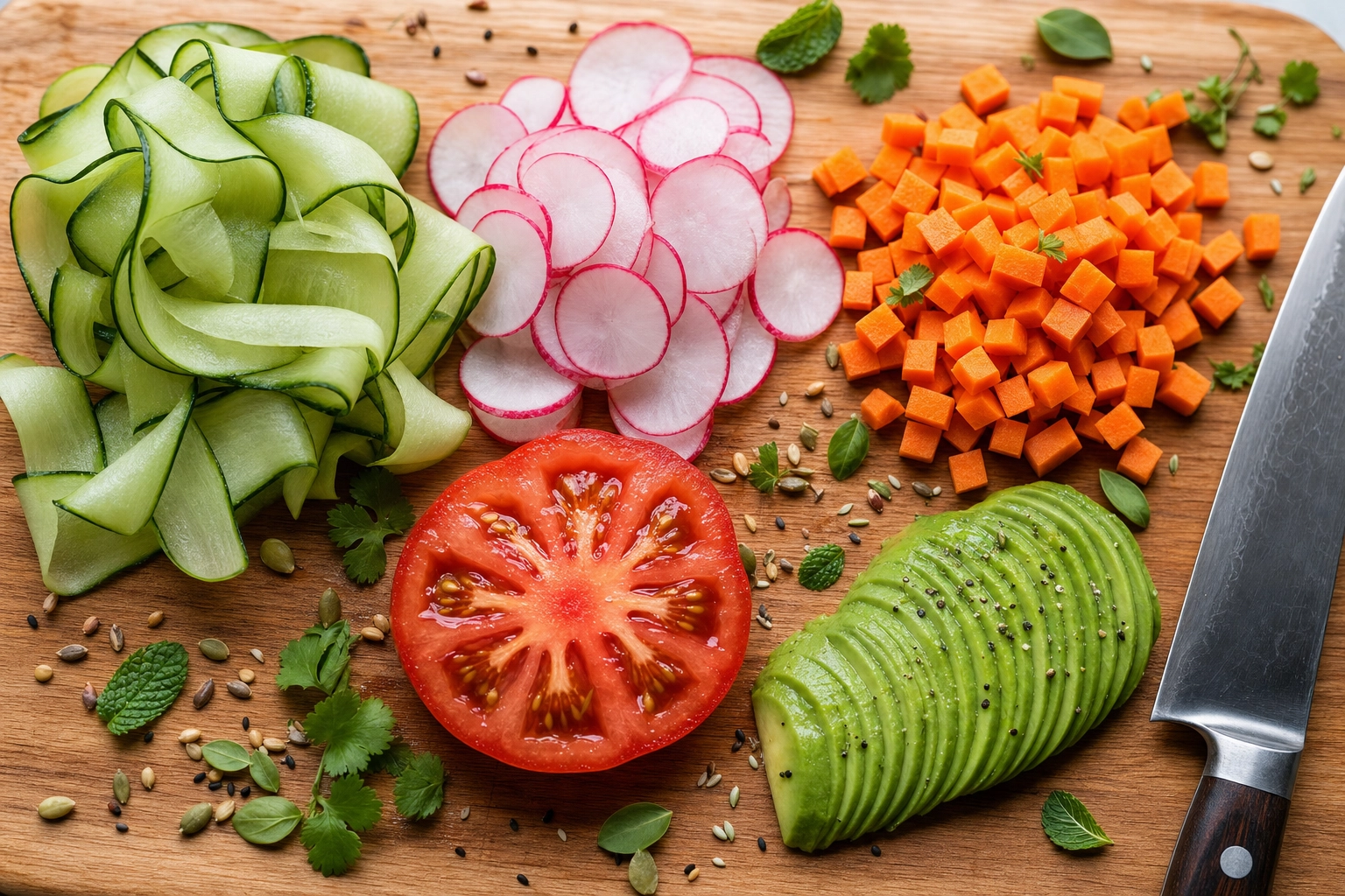 Overhead cutting board with cucumber ribbons, shaved radish, diced carrot and a tomato cross-section showing varied salad cuts