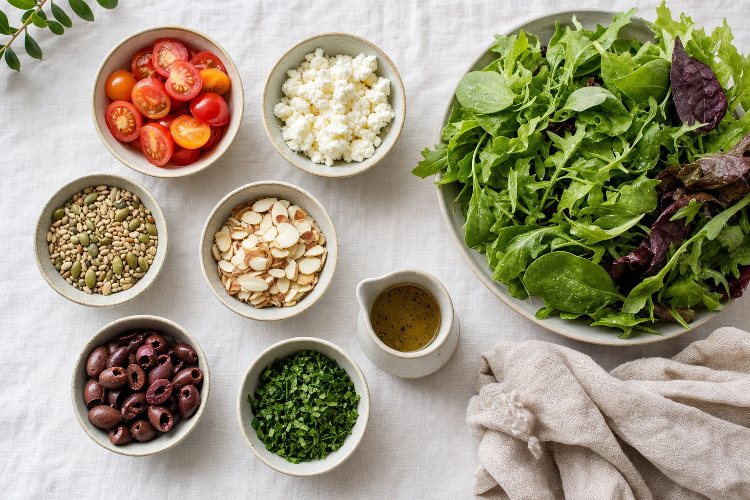 Overhead salad mise en place with prepped components in small bowls, a jug of vinaigrette and loose greens on linen