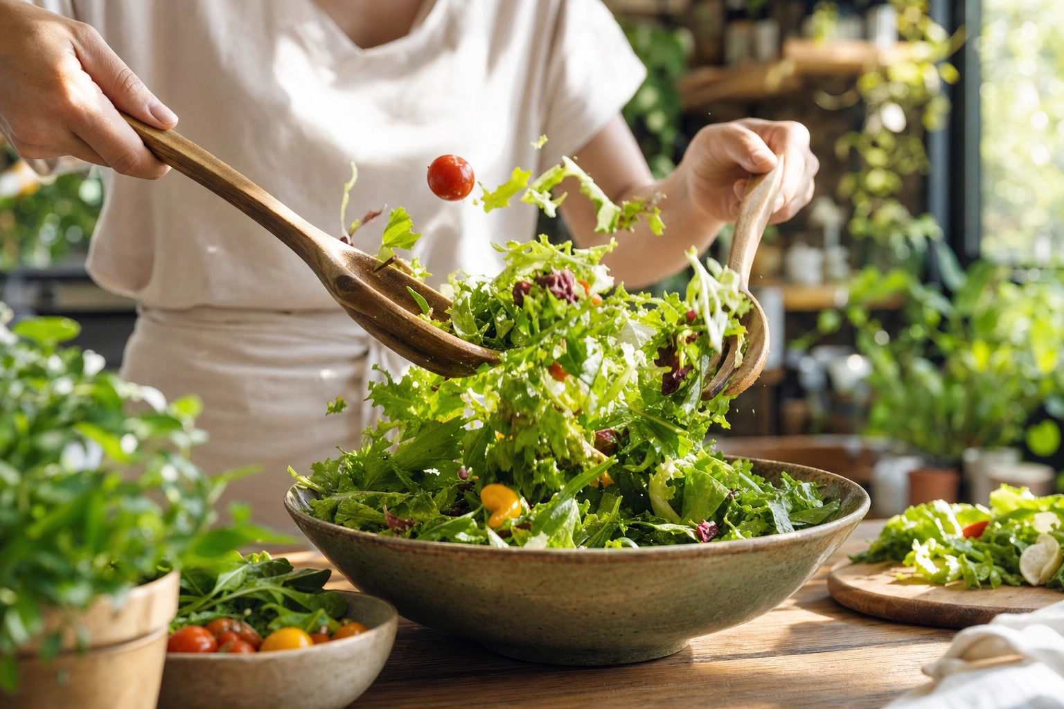 Hands tossing a leafy green salad with wooden servers, leaves caught in mid-air motion in a sunny cafe kitchen
