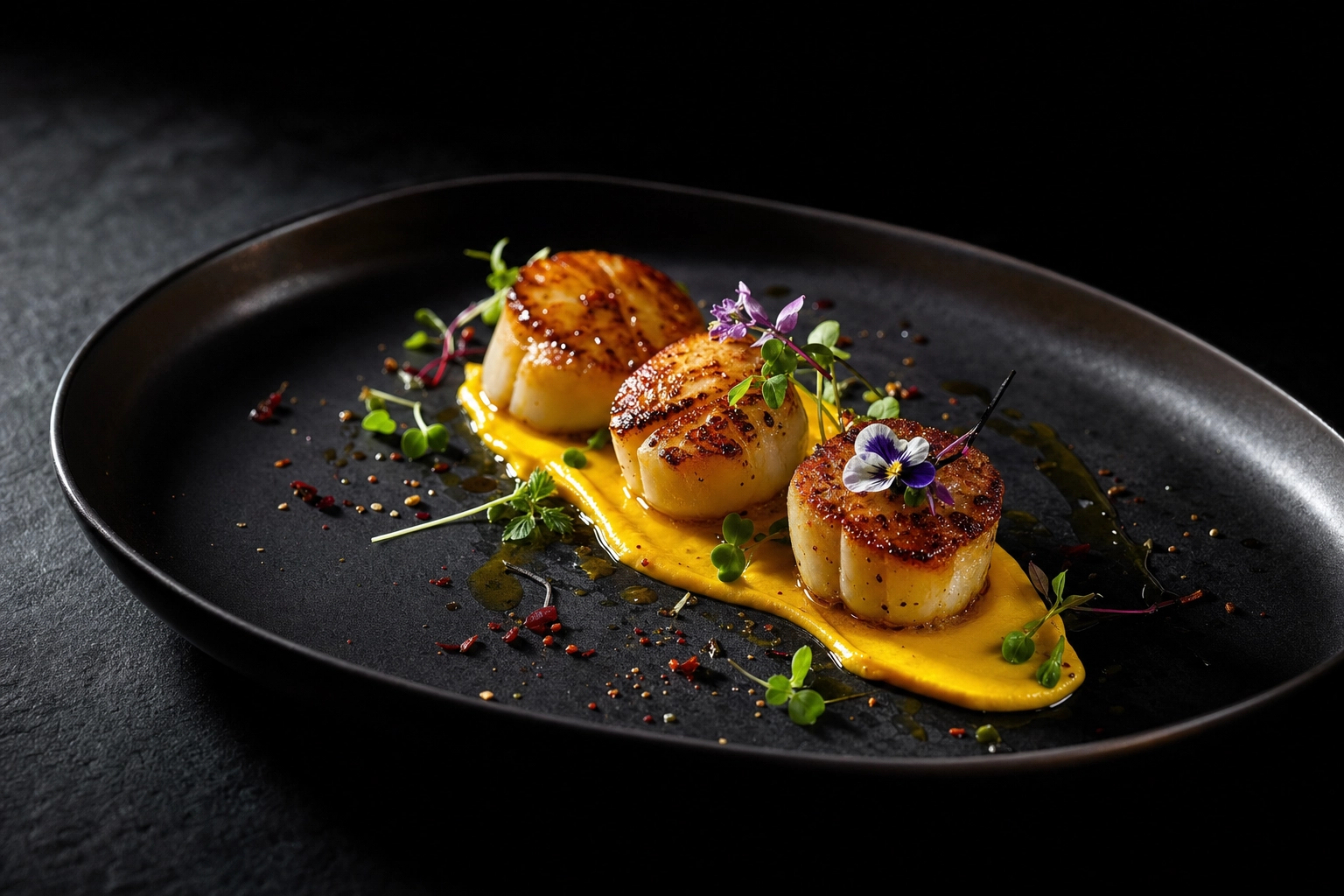 Moody fine-dining plate of seared scallops with saffron sauce on dark slate, editorial cookbook lighting