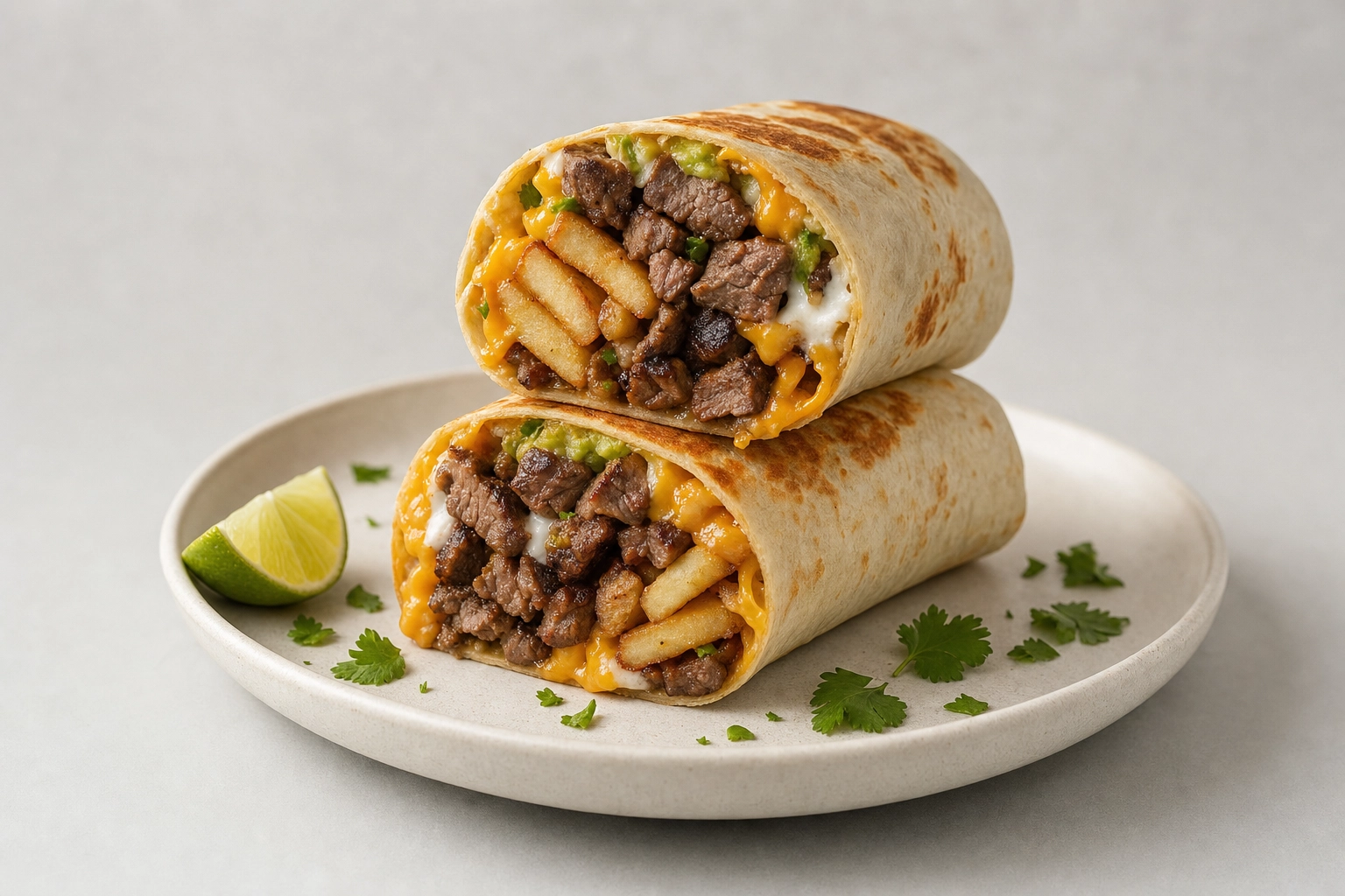 Menu-ready California burrito sliced to show carne asada and fries on a clean minimal studio background