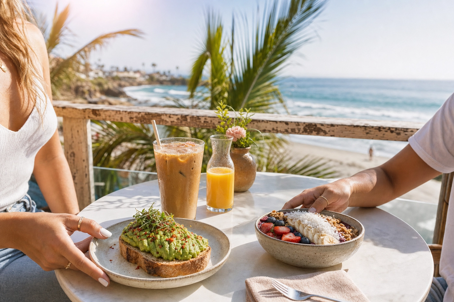Bright San Diego beach brunch on a coastal café patio with avocado toast, acai bowl, and iced coffee